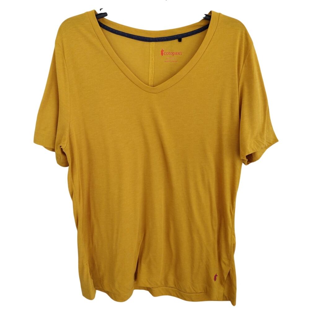 Cotopaxi Mustard Yellow Paseo V-Neck Travel Tee T-Shirt Split Sides Women's XL